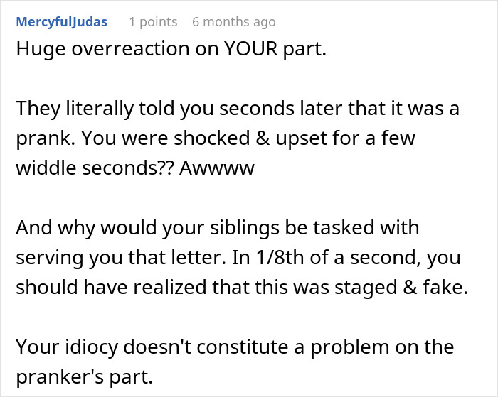 Comment discussing a family stages fake legal notice prank on a woman and her reaction cutting contact. Comment discussing a family stages fake legal notice prank on a woman and her reaction cutting contact.