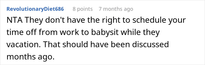 Screenshot of online comment discussing babysitting and vacation plans related to couple expecting childfree sister to care for kids.
