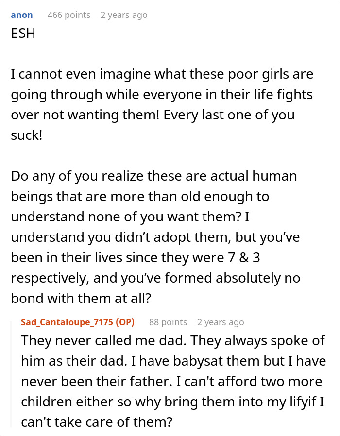 Online discussion about mom of 6 trying to dump two adopted kids on ex during divorce, ex calls CPS on her.