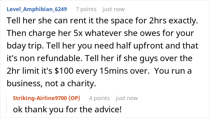Screenshot of Reddit comment advising to charge a wannabe influencer for studio use after ditching bestie for party.