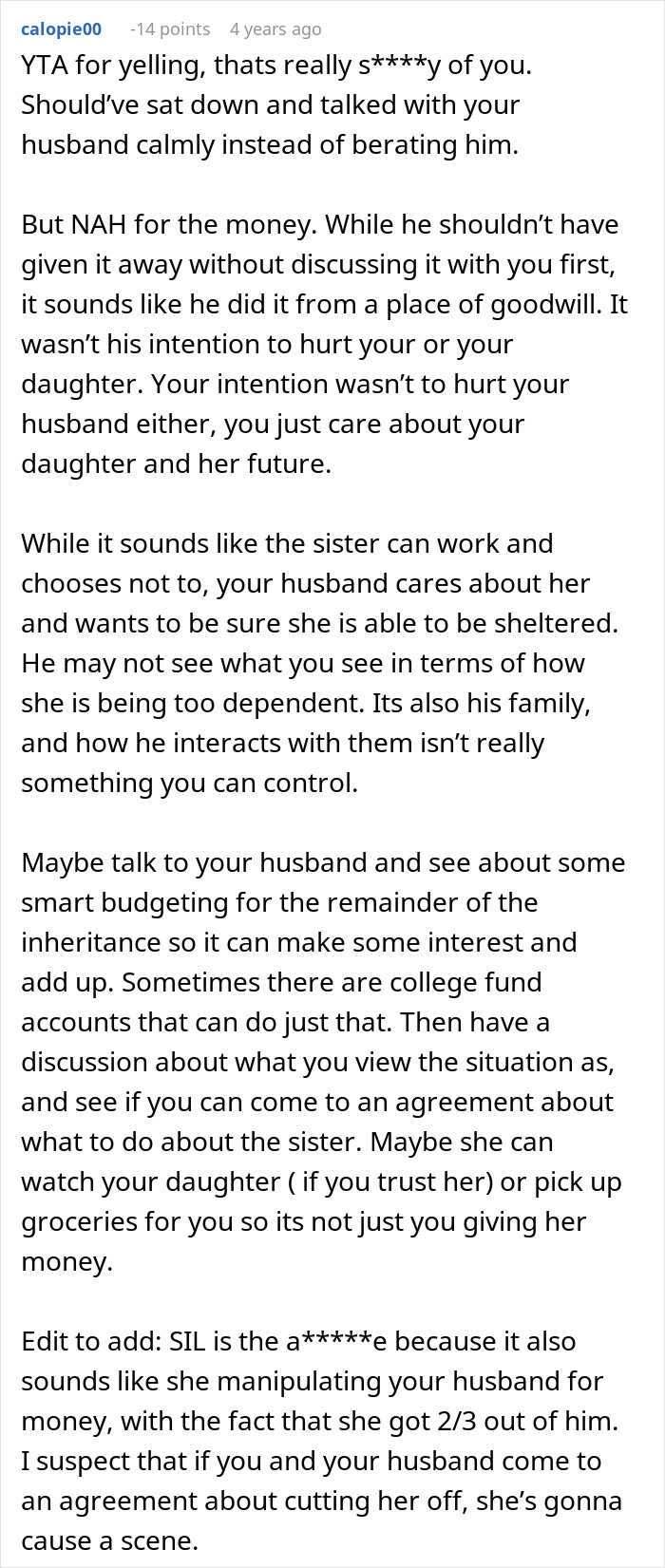 Man promises daughter’s inheritance to freeloader sister, causing wife’s anger and emotional conflict in family. - 36