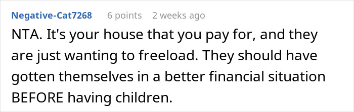 Screenshot of a Reddit comment about refusing to give home to sister and her family to avoid being a landlord.
