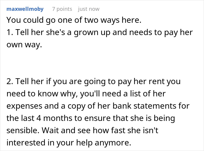 Comment advising two approaches when a woman demands her DIL pay full rent, showing entitlement after partial payment.