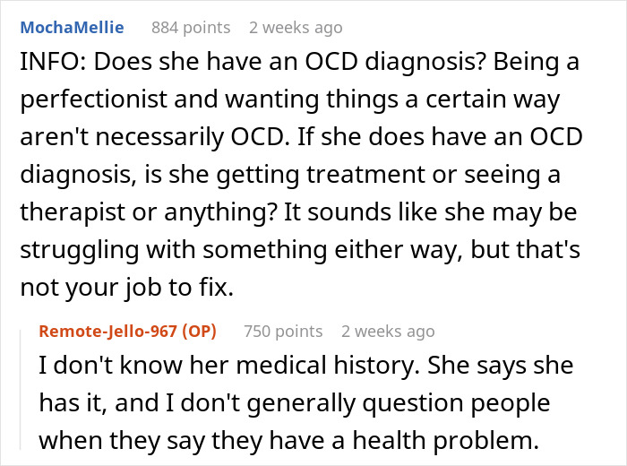 Reddit comments discussing woman&rsquo;s OCD struggles triggered by roommate&rsquo;s Jewish traditions and mental health treatment concerns.