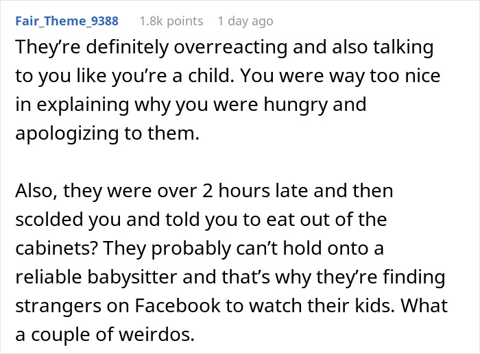 Comment discussing overreaction while babysitting and mentioning ordering DoorDash in a babysitting situation. Comment discussing overreaction while babysitting and mentioning ordering DoorDash in a babysitting situation.