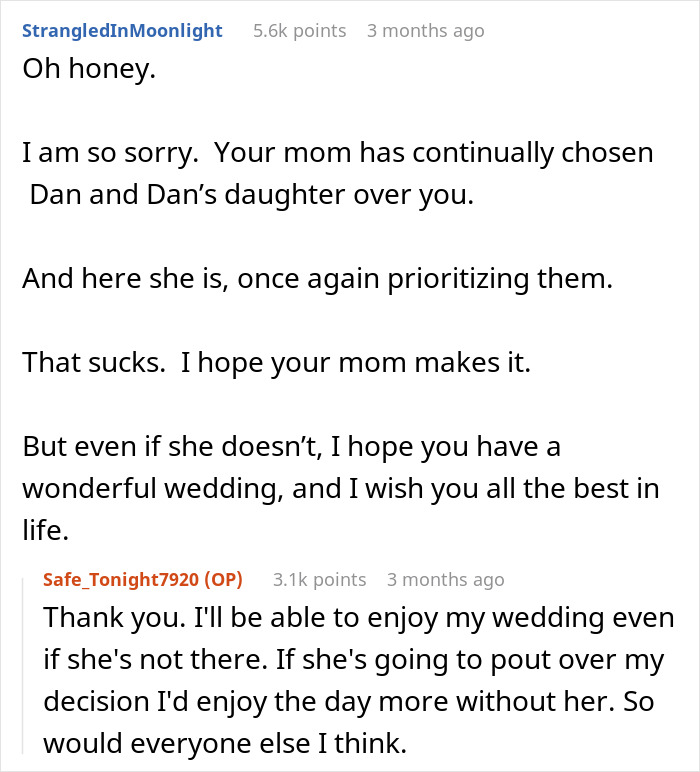Reddit comments discussing family drama over a guy refusing to relocate wedding for disabled stepsister’s sake. - 20
