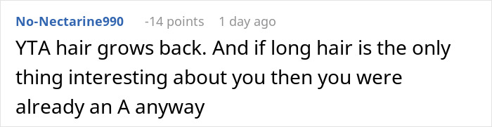 Screenshot of a Reddit comment discussing a 17-year-old refusing to shave his head to support a 7-year-old with cancer.