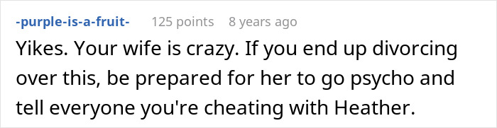 Screenshot of an online comment discussing a jealous wife spying on her husband at work in a relationship context.