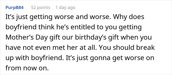 Comment discussing entitlement to Mother's Day gift from boyfriend after 8 months of dating, expressing shock and advice. - 20