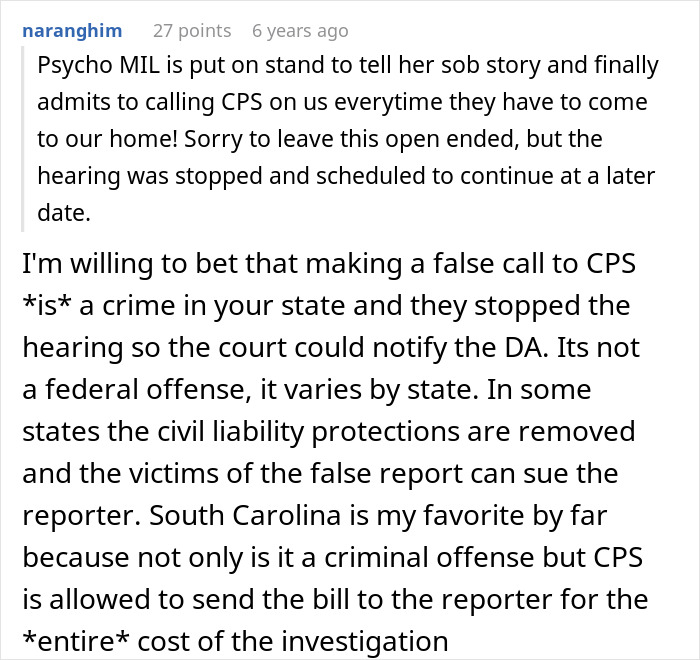 Psycho MIL sues for custody, admits falsely reporting couple to CPS for years during court hearing.