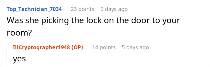 Comment thread screenshot showing a user asking if someone was picking the lock on a door, with a reply confirming yes.