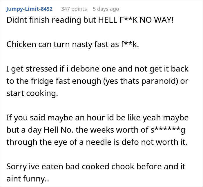 Comment expressing strong disgust about raw chicken left out too long, warning about biohazard risks and food safety concerns. - 23