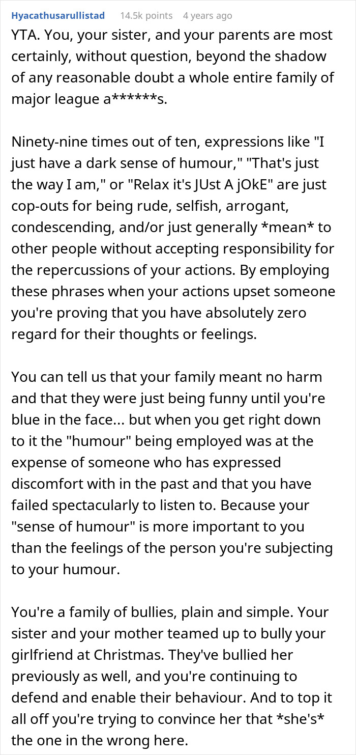 Comment detailing a woman walking out after her boyfriend’s family mocks her scar with ugly sweater jokes. Comment detailing a woman walking out after her boyfriend’s family mocks her scar with ugly sweater jokes.