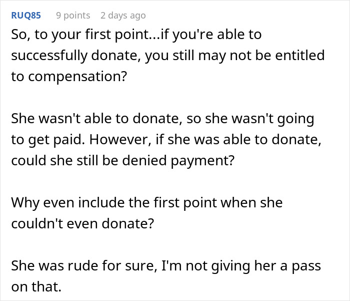 Commenter discussing woman denied plasma donation and questioning payment and accusations of racism in the staff. Commenter discussing woman denied plasma donation and questioning payment and accusations of racism in the staff.