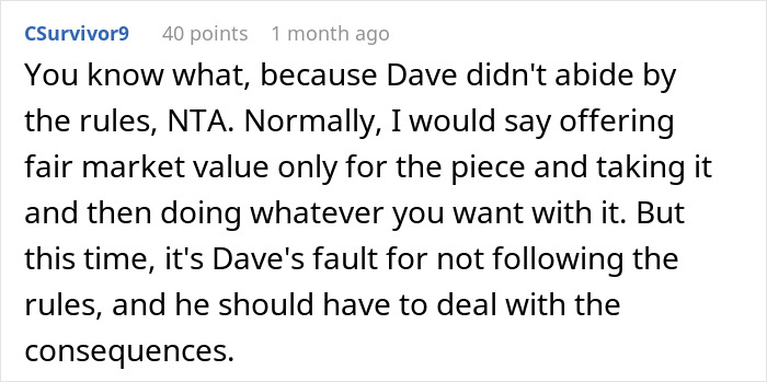 Comment discussing a woman refusing to replace nephew&rsquo;s jacket ruined by dog accident after he ignored her warnings.