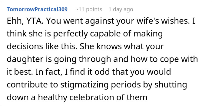 Comment discussing mom wanting to give 12-year-old daughter a menstruation celebration, debating family decisions. - 46