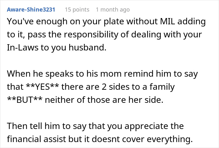 Comment advising a woman battling cancer to let her husband handle issues with his MIL who calls her requests tacky and dramatic. - 24