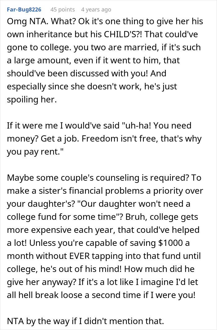 Text comment discussing husband promising daughter's inheritance to freeloader sister and wife's strong reaction to the decision. - 25