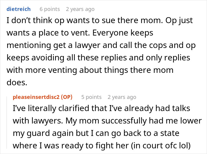 Reddit conversation about mom embezzling daughter's inheritance and gaslighting after being exposed.