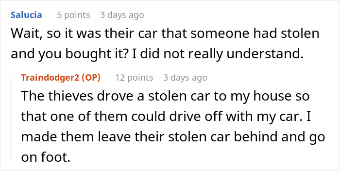Screenshot of an online conversation discussing how car thieves were tricked into abandoning their getaway car. - 12