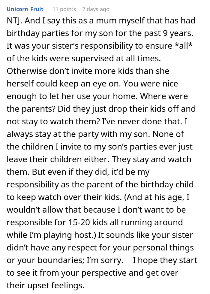 Comment from a mother about supervision and respect issues at a boy&rsquo;s party after a sentimental toy was broken.