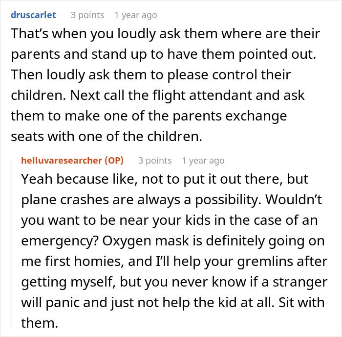 Alt text: Reddit conversation discussing woman blamed for rowdy kids during flight while parents sat behind her and got drunk - 28