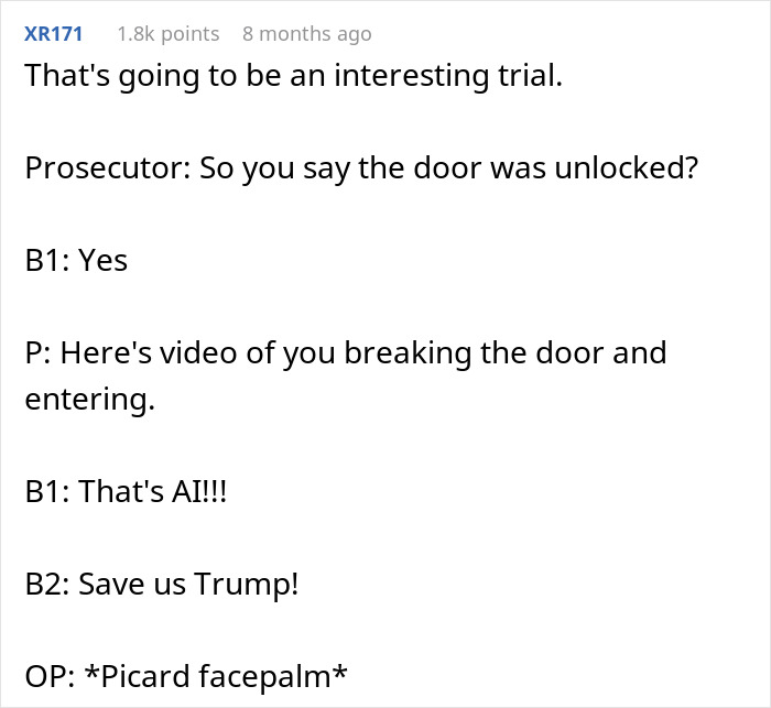 Text post with humorous trial dialogue referencing boomers breaking into a barbershop and calling cops on the owner. Text post with humorous trial dialogue referencing boomers breaking into a barbershop and calling cops on the owner.