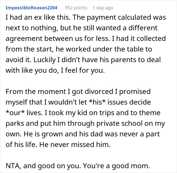 Screenshot of a Reddit comment showing a mom clapping back at ex’s family after accusations about nonexistent money. - 26