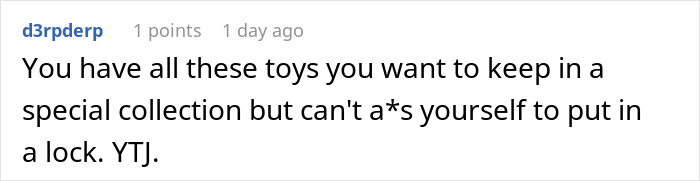 Text comment from user upset about brother cutting son&rsquo;s party short after his sentimental toy got broken, expressing frustration about toy care.