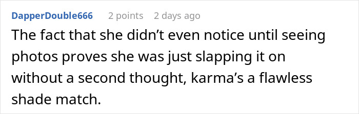 Screenshot of a Reddit comment discussing karma and a flawless shade match in a makeup-related conversation. - 28