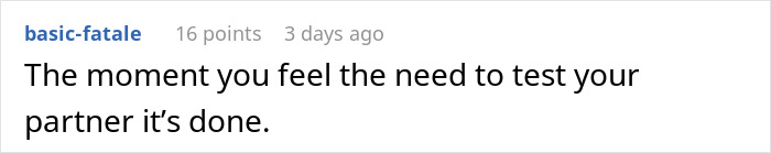 Screenshot of a social media comment about a man failing girlfriend’s weird test and moving on with his life. - 24