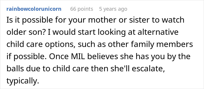 Comment about MIL escalating conflict over child care during a gender reveal event, highlighting family tension.