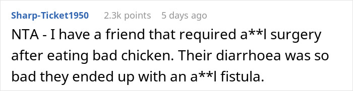 Screenshot of a Reddit comment warning about the health risks of eating bad chicken causing severe complications. - 18