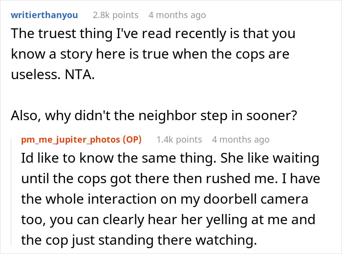 Screenshot of Reddit conversation discussing neighbor&rsquo;s meltdown after calling cops on 2YO wandering streets alone.