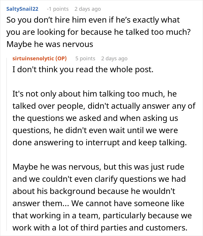 Reddit user discussing a job interview candidate with a high chance of getting hired but who blew it quickly.