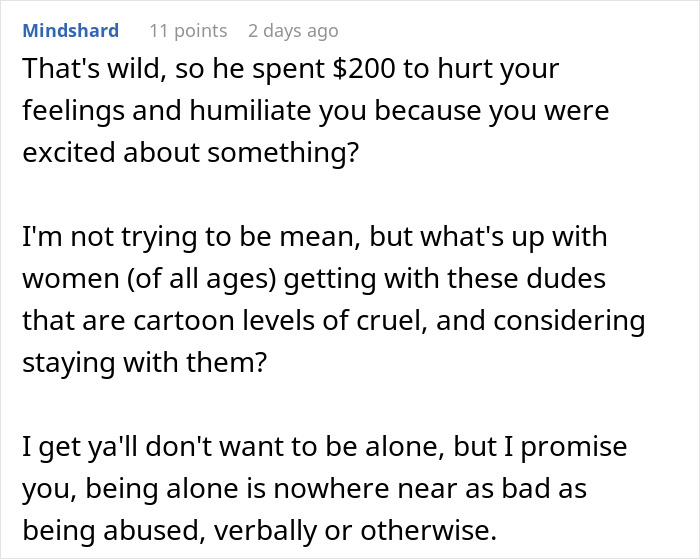 Comment discussing the jerk boyfriend's cruel behavior and the impact on his girlfriend’s feelings and relationship humbling. - 50