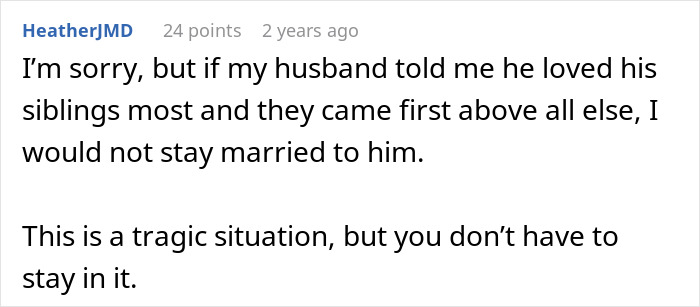 Screenshot of an online comment discussing a husband&rsquo;s sudden decision to move in his disabled siblings causing marital doubts.