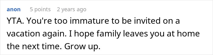 Screenshot of a forum comment criticizing a woman sneakily swapping seats to avoid babysitting her little sister during a paid trip.