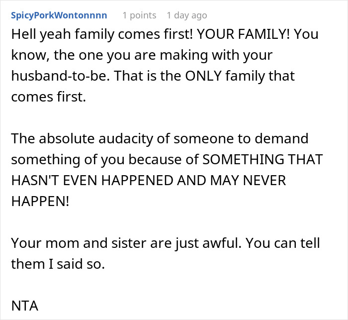 ALT text: Screenshot of online comment discussing bride refusing to move wedding due to sister's possible pregnancy conflict - 20