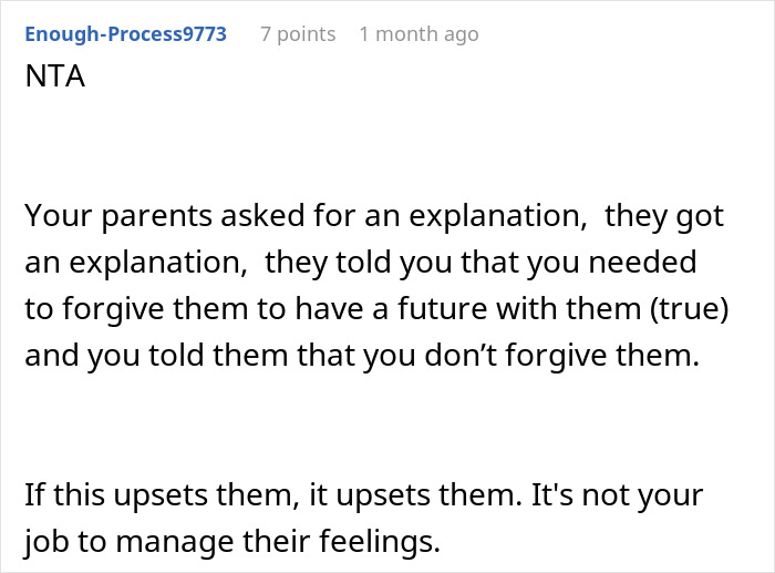 Comment about parents treating bio son unfairly while favoring adopted kids, asking for forgiveness without apology. - 49