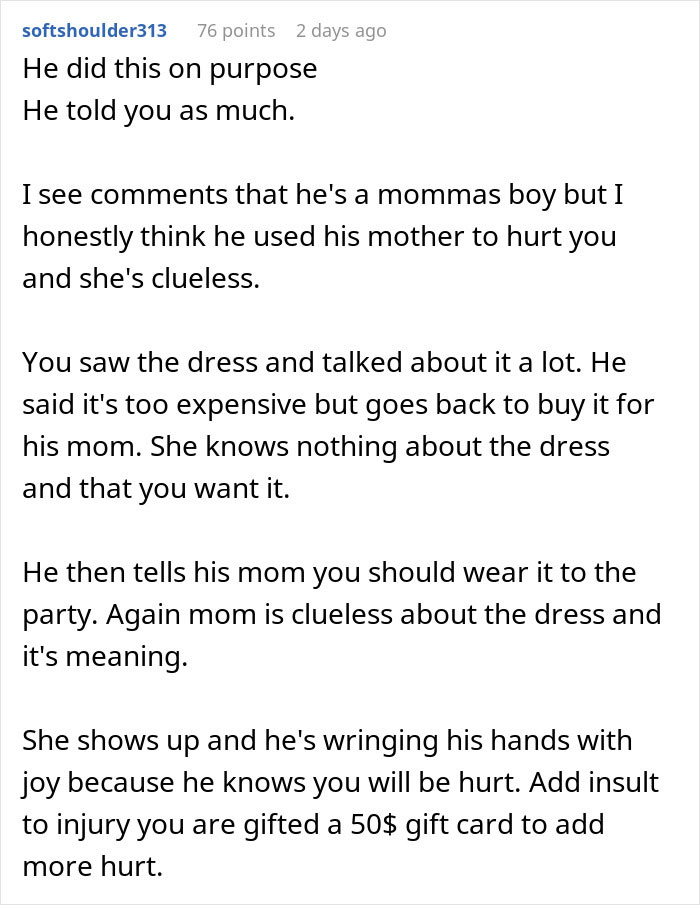 Comment discussing a jerk boyfriend’s manipulative actions and buying his mom the girlfriend’s dream gift instead. - 26