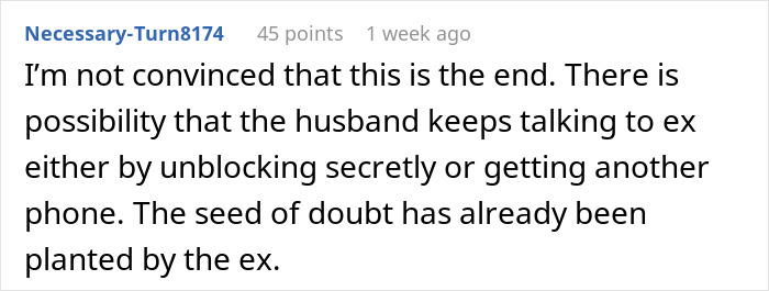 Comment text from Necessary-Turn8174 expressing doubt about husband&rsquo;s emotional reunion with ex and possible secret contact raising red flags.