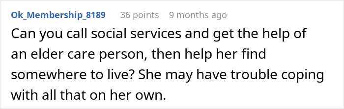 Comment discussing help from social services for elder care as family drama ensues over inherited house.