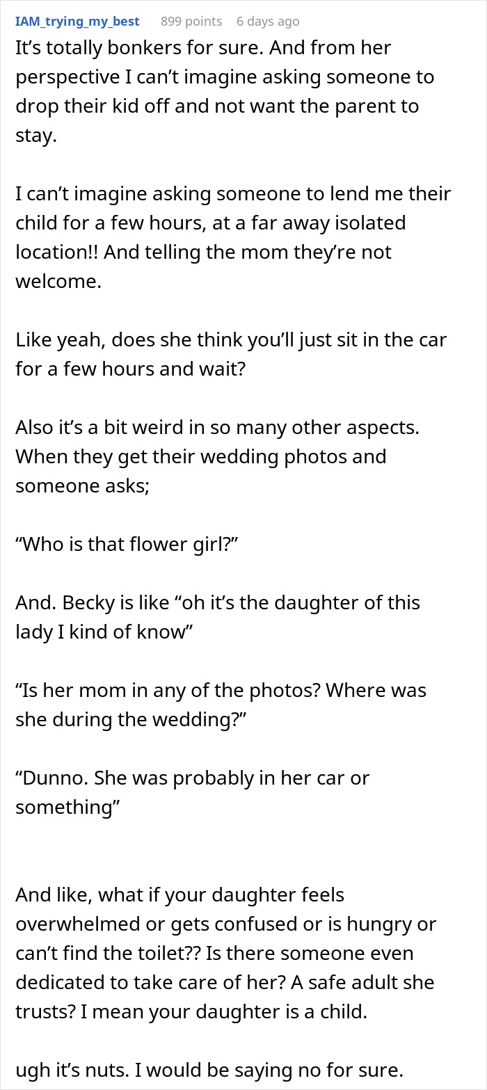 Woman too stunned to answer acquaintance's request to lend her daughter for isolated wedding event without parental presence. - 14