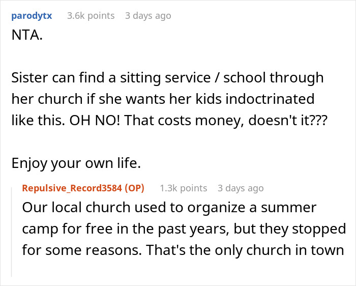 Reddit thread discussing babysit nephews and study Bible at local church summer camp and sitting services. Reddit thread discussing babysit nephews and study Bible at local church summer camp and sitting services.