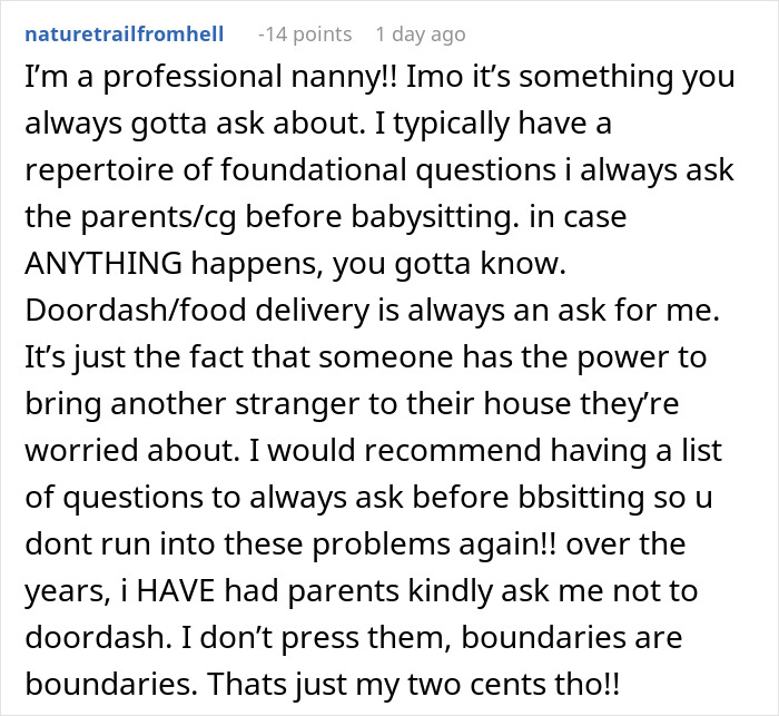 Professional nanny explaining the importance of asking about DoorDash food delivery while babysitting to avoid issues. Professional nanny explaining the importance of asking about DoorDash food delivery while babysitting to avoid issues.