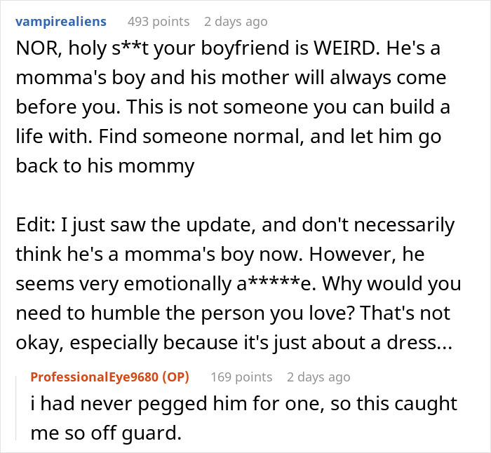 Commenters discuss a jerk boyfriend's attempt to humble his girlfriend by buying her dream gift for someone else. - 19