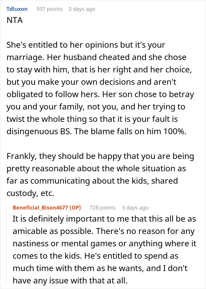 Text conversation discussing cheating and family conflicts after a mother-in-law shocks over teaching cheating as okay.