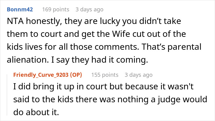 Screenshot of an online discussion about parental alienation and kids choosing to go no-contact after a dad destroys his marriage.