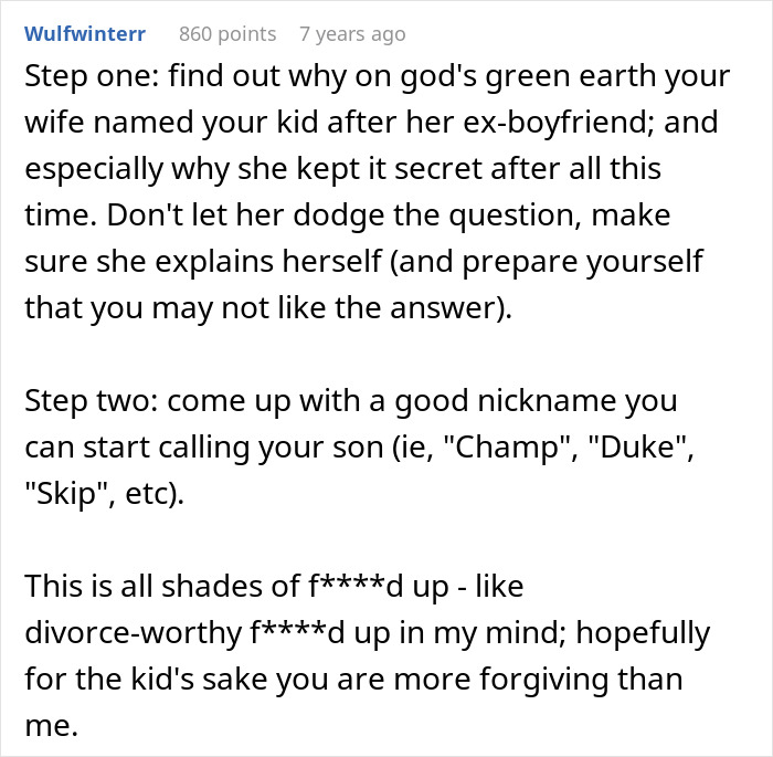 Alt text: Online advice post about husband feeling sick after realizing who their son is named after with steps to handle the situation - 23